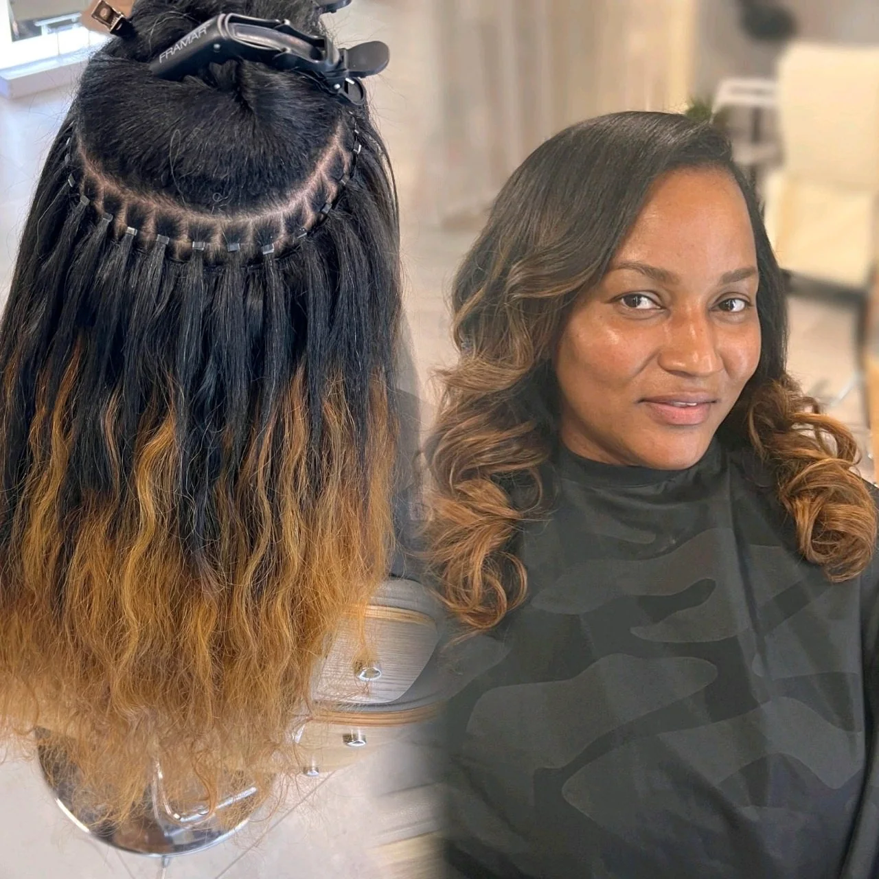 Microlink extensions before and after showing added fullness and length in Dallas, Texas.