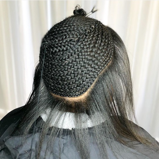 Seamless sew-in braid foundation with leave-out prepared for a smooth extension install in Dallas, Texas.